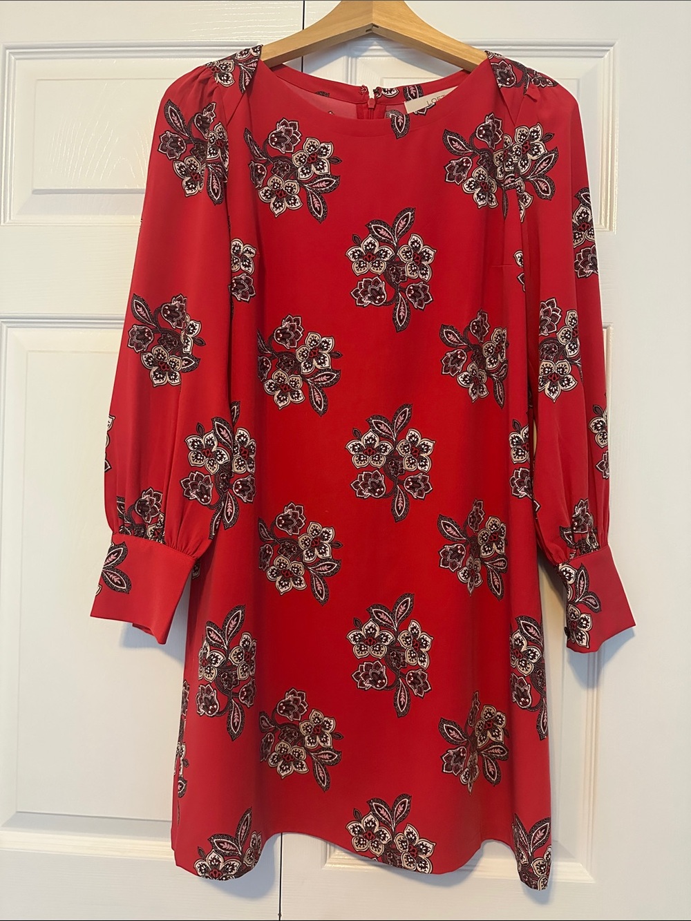 LOFT Red Floral Long Sleeve Shift Dress